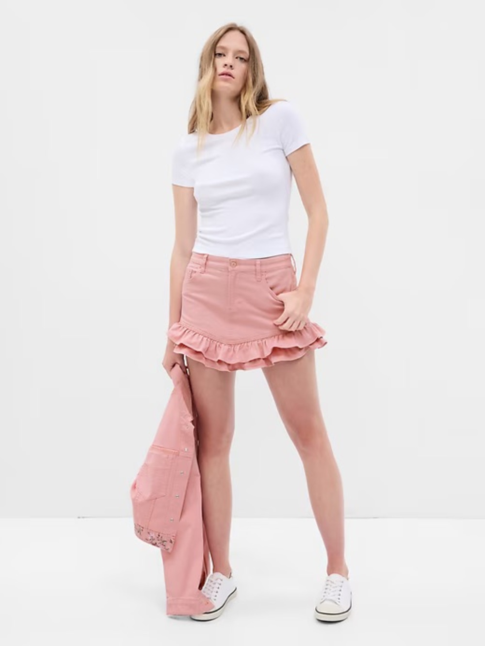 Gap x Loveshackfancy collab denim ruffle skirt pink